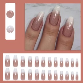 Gifiky 24Pcs French Tip Press on Nails - Long Coffin False Nails with Acrylic Galaxy Design, Gradient Nude Fake Nails for Women,Reusable Glue on Nails Full Cover Tips
