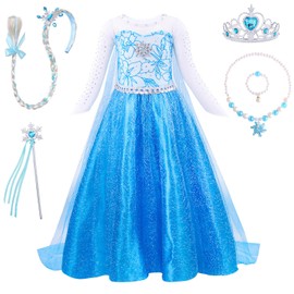 QOOLY Blue2 110 Children's Dress, Princess Dress, Cosplay, Costume, Luxurious 6-Piece Set, Includes Cloak for Kids
