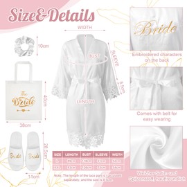 BBTO 4er Set Braut Präsent Brautparty Geschenke Weißer Satin Bride Morgenmantel mit Goldener Spitze Bride Tasche Hausschuhe Weiße Haargummi Braut Geschenk Set für Hochzeit Antrag Spa JGA(L)