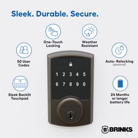 Brinks Keyless Entry Electronic Touchpad Door Lock - Backlit Keypad Deadbolt with Advanced Security, Custom User Codes, Auto-Lock, for Front Door, Home or Office,Tuscan Bronze