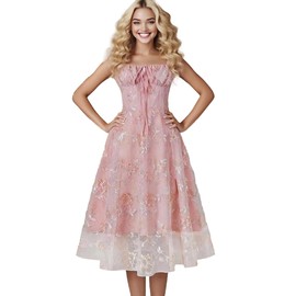 Nihsatin Women’s Pink Floral Embroidered Midi Dress with Corset Back Elegant A-Line Sleeveless Cocktail Party Dress