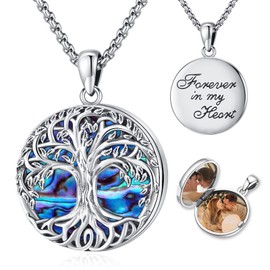 LOOVE Tree of Life Locket Necklace for Women Sterling Silver Abalone Shell Family Tree Locket Necklace That Holds Pictures Round Locket Necklace Tree of Life Jewelry
