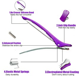 Dkpyt 10 pcs Professional Hair Clips for Styling Sectioning - Sectioning Hair Clips for Styling, No-Crease Silicone Band& Anti-Slip Grip, Hair Cutting Clips for Blowouts, Curling, Coloring（Purple）