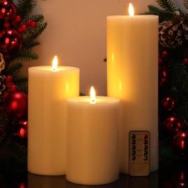 Retisee 3 Pcs Large Flameless Candles Ramadan Lights Wedding Candles Decorations LED Battery Operated Real Wax Candles Waterproof Candles with Timer Remote for Indoor Outdoor(6'', 8'', 12'')