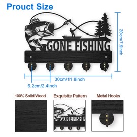 MAYJOYDIY Fish Coat Hooks Wall Mounted, 11.8×8inch Gone Fishing Key Holder, Wood Wall Coat Rack, 5 Alloy Hooks Hat Rack Home Art Decor Wall Hooks for Hallway Entryway Kitchen Gift