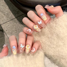 Hkanlre Medium Coffin Press on Nails Gradient Fake Yellow Nails Tips Full Cover False Cute Moon Nails for Women and Girls 24PCS