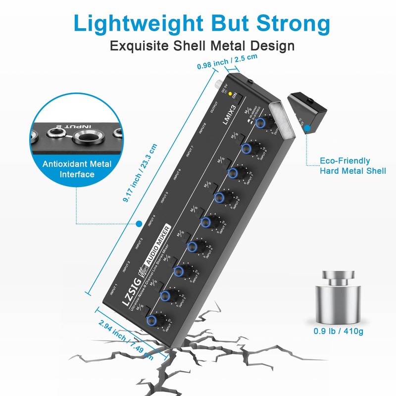 LZSIG Audio Mixer, Stereo Line Mixer for Sub-Mixing, Ultra Low-Noise,