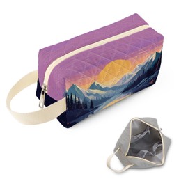 SuoSycorax Mountain Landscape Printed Quilted Makeup Pouch for Women - Velvety Polyester Cosmetic Organizer w/Triple Compartments, Travel & Makeup Brush Holder