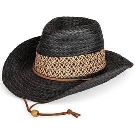 Straw Cowboy Hat with Pull Cord, Detailed Band, Unisex, Natural (UK, Numeric, 7 1/4, Black)