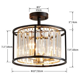 AGV LIGHTING CL005BB K9 Crystal Semi Flush Mount Ceiling Light Fixture, Modern Design, E12 Base 3-Lights, D13 x H15, Shinny Gold & Matte Black Finish Metal Frame