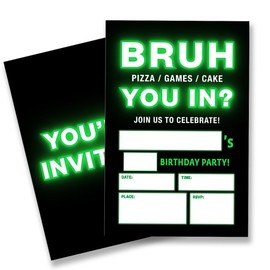 QZJ Bruh Neon Birthday Party Invitation Supplies with Envelopes Set of 20 Teenager Party Invitation Fill in Blank, Double Sided