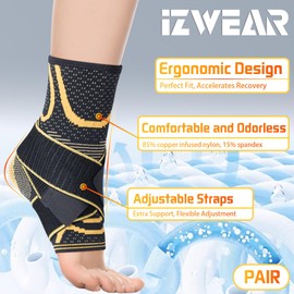 IZWEAR Ankle Brace with Straps (PAIR) for Plantar Fasciitis and Sprained Ankle, Ankle Sleeve for Achilles Tendonitis, Pair of Copper Infused Ankle Compression Support for Men&Women