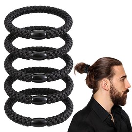 5 Pcs Men’s Braided Hair Ties, Elastic No-Damage Hair Bands for Man Bun, Strong Hold for Long, Thick & Curly Hair (Black)
