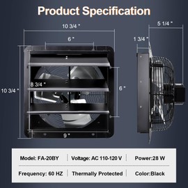 Hiorucet 7 Inch Wall Mounted Shutter Exhaust Fan with 1.8M Power Cord, 60HZ, 28W, Pure Copper Motor with High Speed Low Noise, Automatic Shutter Attic Fan, Ventilation for Greenhouses, Garages, Sheds