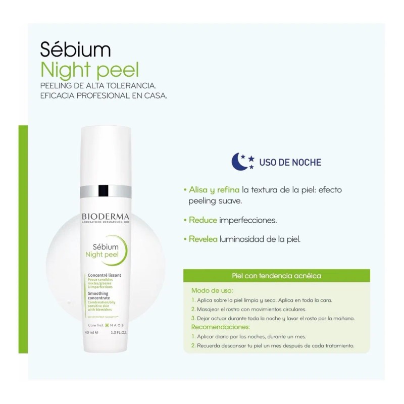 Bioderma Sébium Night Peel, Peeling De Alta Tolerancia, 40ml