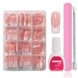 Maggidea Press on Nails, 240 Pcs Coffin Fake Nails French Tip Nude Color False Nail Glossy Full Cover Glue on Nails Ballerina Nail Art Manicure Decorations for Girls Women (French-Medium Long Square)