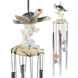 Ebros Gift Nautical Animal Reptile Kingdom Sea Turtle Swimming Over Corals Resonant Relaxing Wind Chime Patio Garden Accent of Coastal Ocean Beach Theme