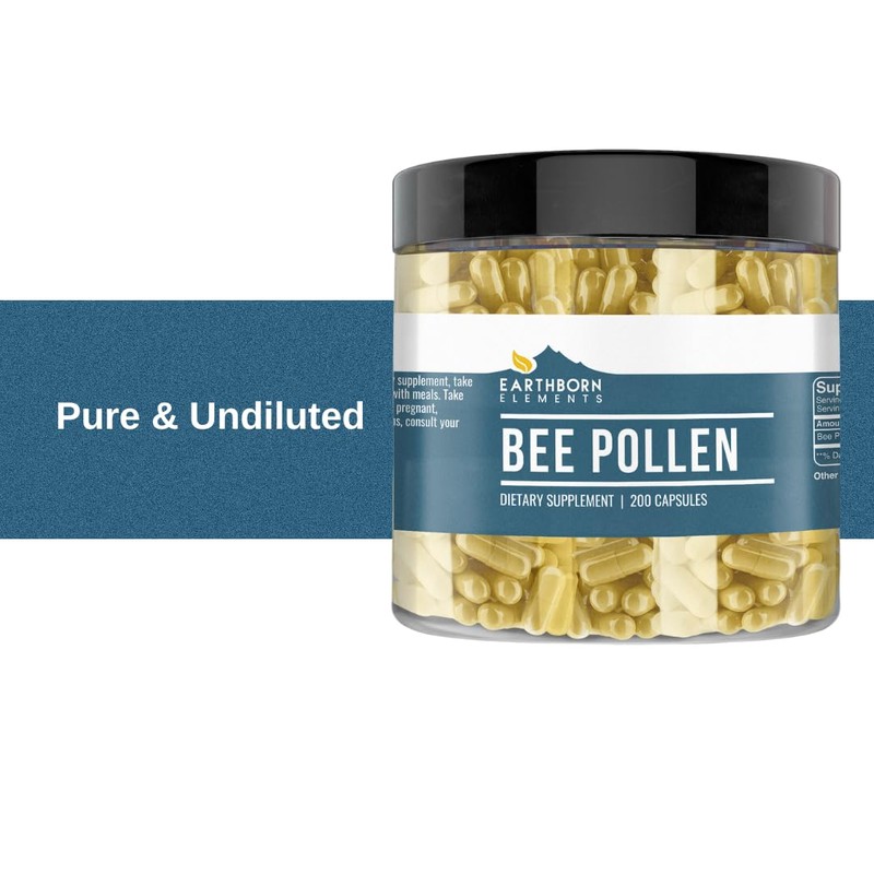 Earthborn Elements Bee Pollen 200 Capsules, Pure & Undiluted, No