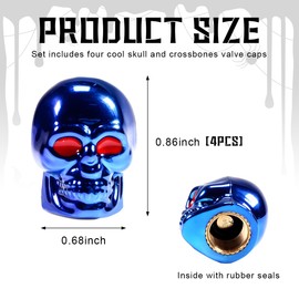 Yourkar 4 PCS Skull Style Valve Caps, Copper Red-Eyed Skull Tire Valve Protection Cover with Rubber Ring, Decorative Wheel Valve Cover for Car Motorcycle Bicycle, Car Accessories (Blue)