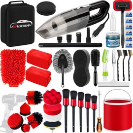 GPUSFAK 44Pcs Car Wash Cleaning Kit with Detailing Brushes Car Vacuum Drill Brush Set Collapsible Bucket Windshield Cleaning Tool Tire Brush Towels Complete Interior Exterior Detailing Set for Car