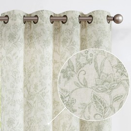 Vangao Green Floral Linen Blend Curtains for Living Room 84 Inches Long Farmhouse Curtains for Bedroom Vintage Print on Beige Light Filtering Window Drapes Grommet Top 2 Panels