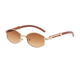 YAMEIZE Vintage Hexagon Oval Sunglasses for Women and Men Wooden Retro Small Oval Metal Frame Wood Sunglasses UV400