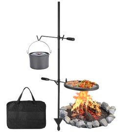 Campfire Grill Grate, 13.4 in Open Fire Grate Fire Pit, Portable Campfire Barbecue Rack, Grill Cooking Equipment for Camping Outdoor Camp Fire with Height Adjustable Swivel Grill Grate and Hanger Rod