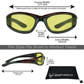 Bikershades Motorcycle Safety Yellow Lens Glasses Night Riding Foam Padded Black with Red Frame for Men & Women