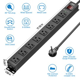 CRST CRST 8 Outlet Metal Heavy Duty Power Strip, 2100J Power Strip Surge Protector, 6FT Cord Mountable Power Strip for Home Office Garage Workshop School, Wide Spaced Industrial Power Strip15A/1875W