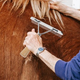 Horse Grooming Tool - Mane and Tail Comb with Wood Handle, Hair Brush, and Leather Cleaning Rake