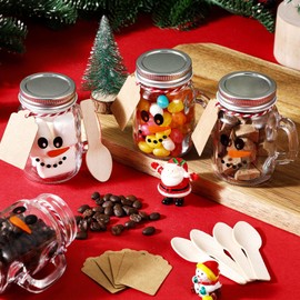 Mimorou 24 Pack 4oz Snowman Mini Mason Jar Mugs with Handle Drinking Glasses Cups with Lids Wooden Spoons, Kraft Tags for Christmas Party Favors, Gifts, DIY Treats