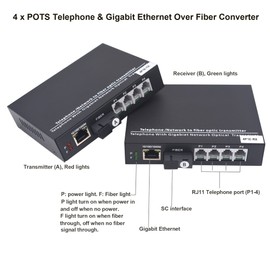 Wekuant 4 POTS Telephones and Gigabit Ethernet Over Fiber Optic Extender SC, Universal Singlemode Fiber up to 20Km and Multimode 500m A Pair