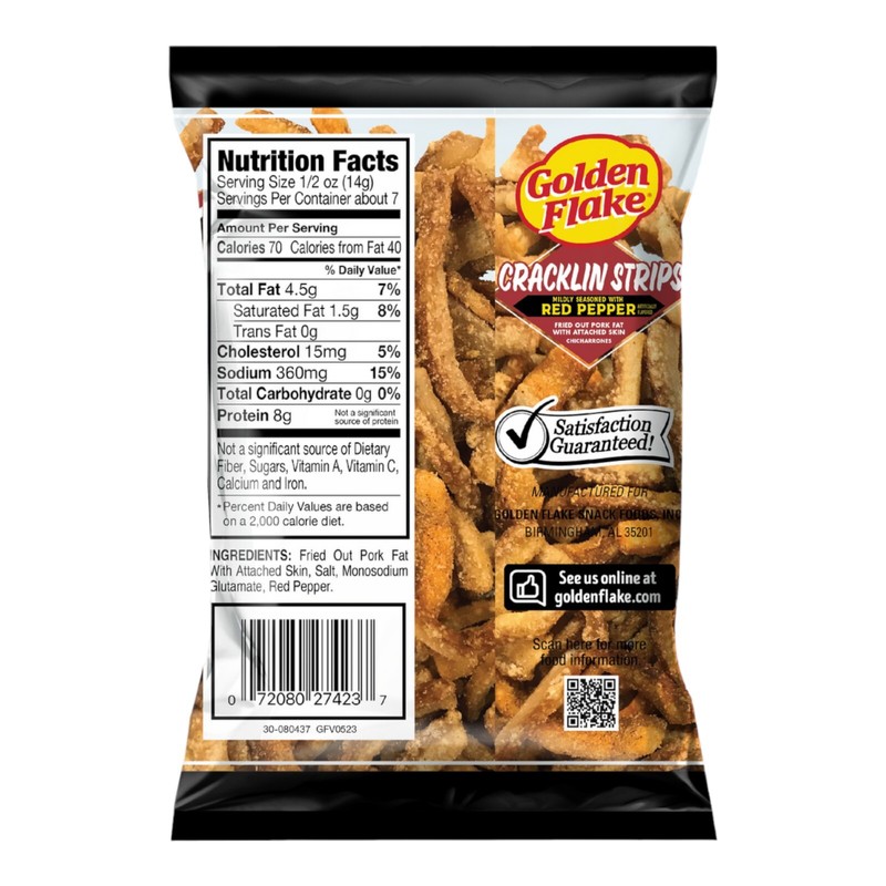 Golden Flake Fried Pork Cracklin Strips Mildly Seasoned w/ Red