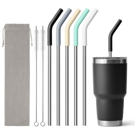 Diumepo Metal Straws for 30 oz Yeti Tumbler, 5 Pcs Reusable Stainless Steel Straws with Silicone Tip for BJPKPK, RTIC, WETOWETO, Beast 30 oz Tumbler, Cleaning Brush, 1 Portable Bag