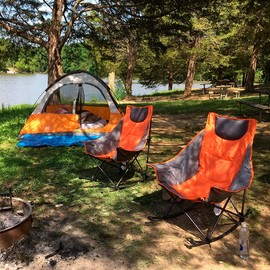 SUNNYFEEL Oversized Rocking Camping Chair, Fully Padded Patio Chair with Side Pocket, High Back Portable Lawn Recliner with Headrest, Outdoor Camp Rocker Chairs for Adults Heavy Duty 500 LBS
