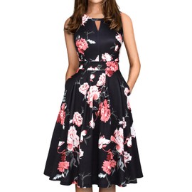 Sureple Women Summer Casual Black Floral Sleeveless Dress for Wedding Guest with Pockets Knee Length Aline Fit and Flare Sundress for Beach Vacation Party Dresses(SP81-Black Floral 01-S)