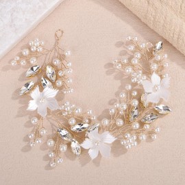 Teyglen Gold Wedding Flower Hair Vine Floral Flower Headpiece Bridal Crystal Pearl Headband Rhinestone Hair Accessories for Women Gold Wedding Hair Piece(Gold, Free size)