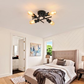 Pheashine Vintage Sputnik Ceiling Light Matte Black Semi Flush Mount Ceiling Light Modern 4 Light Chandelier Ceiling Light with E27 Base for Kitchen Bedroom Living Room Hallway