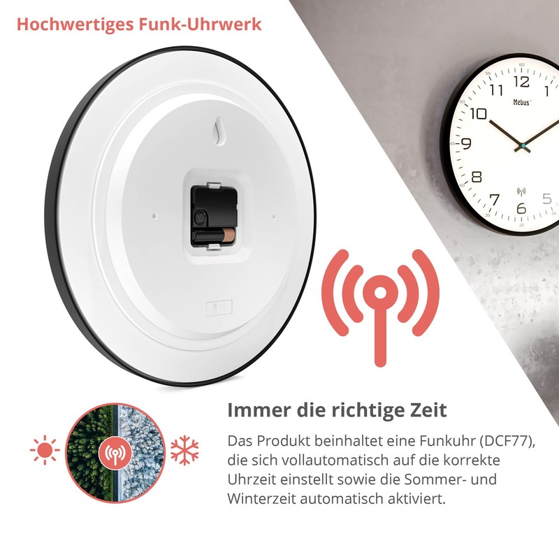 Mebus Radio Controlled Wall Clock 30cm Silent Black Frame White
