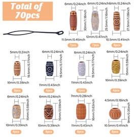 GLOBLELAND Pack of 70 5 Styles Wooden Hair Tube Beads Dreadlock Beads for Hair and Beard Jewellery Hair Accessories for Braids Loc Dreadlock Beads Jewellery Tubes Barrel Beads Accessories in Mixed