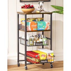 OKZEST 4 Tier Rolling Cart with Drawer Baskets, Metal Utility Storage Cart with Wheels and Wood Top for Living Room, Kitchen, Home Office, Bedroom, Pantry, Baby Essential, Makeup, Snack, Craft, Black