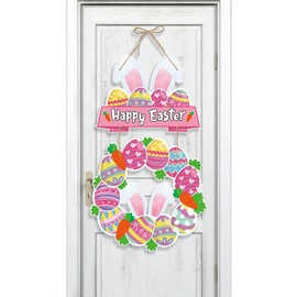 Easter Window & Door Decorations Set - Large Outdoor Bunny Rabbit Hanging Stickers, Holiday Wooden Signs for Home & Garden Party Festive Decor