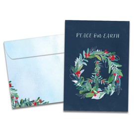 Tree-Free Greetings Holiday Card with Matching Envelope, Eco Friendly, Made in USA, 100% Recycled Paper, 5 x 7, Peace on Earth Wreath (GO65737)