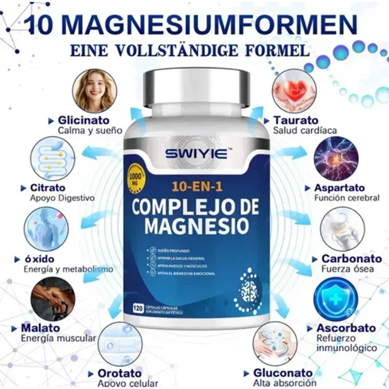 Complejo De Magnesio 10 En 1 Swiyie 1000mg 120 Cápsulas