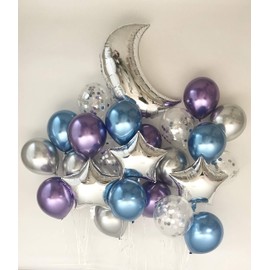 Sweet Moon 24 Piece Moon and Star Balloons Bouquet - Baby Shower, Birthday, Gender Reveal, Eid, and Ramadan Party Decoration (Metallic Blue & Metallic Purple)