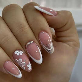 30 Pcs French Tip Press on Nails Fake Nails with Flower Design Glossy Short Almond False Nails Cute Glitter Press ons Stick on Nails Acrylic Nail Kit Artificial Glue on Nails for Women Girls
