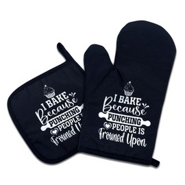 I Bake Because Punching People is Frowned Upon,Funny Oven Mitts and Pot Holders Sets of 2,Silicone Non-Slip Oven Mitts,Kitchen Gift for Men Women,Bake Lover Gift