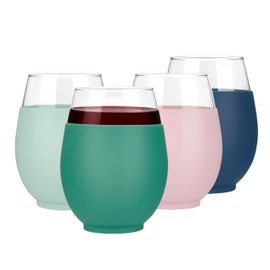 Tronco 20oz Stemless Wine Glasses Set of 4, Reusable Wine Glasses with Silicone Sleeve, Dishwasher Safe & BPA-Free, for Red & White Wine, Cocktails, Home Bar, Parties, Birthdays, Gifts