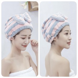 GDenFrog Towel Cap, Hair Dry Cap, Dry Cap, Hair Cap, Set of 2, Fluffy, Border Pattern, For Kids, Adults, Girls, Boys, Hair Drying Towel, Hair Towel, Lightweight, Quick Drying, Water Absorbent, Hair