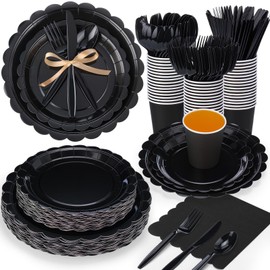 Ziliny 350 Pcs Black Plates and Napkins, 50 Guest Spring Party Supplies Include Scalloped Paper Plates Napkins Cups Plastic Spoons Forks Knives Disposable Tableware Set for Baby Shower
